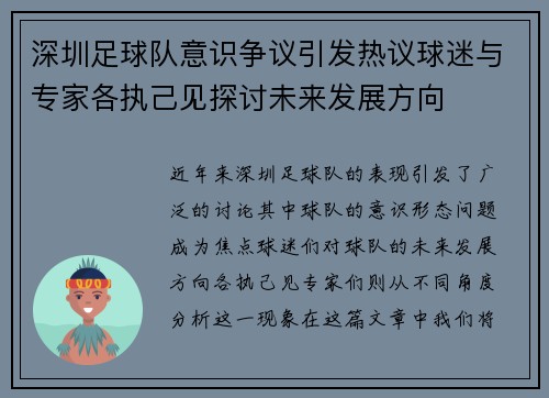 深圳足球队意识争议引发热议球迷与专家各执己见探讨未来发展方向